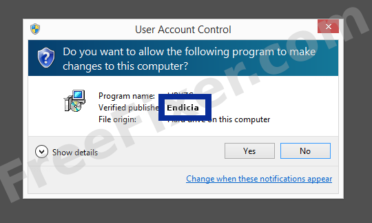Screenshot where Endicia appears as the verified publisher in the UAC dialog