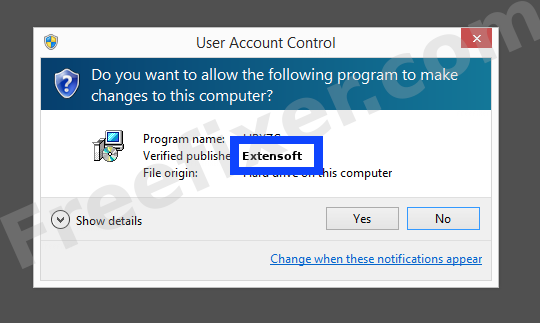 Screenshot where Extensoft appears as the verified publisher in the UAC dialog
