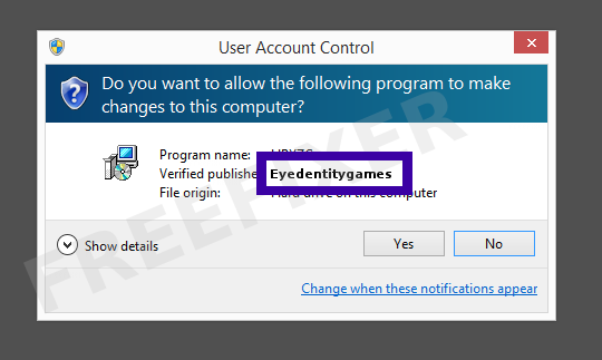 Screenshot where Eyedentitygames appears as the verified publisher in the UAC dialog