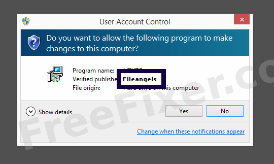 Screenshot where Fileangels appears as the verified publisher in the UAC dialog
