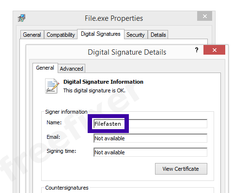 Screenshot of the Filefasten certificate
