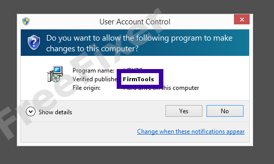 Screenshot where FirmTools appears as the verified publisher in the UAC dialog