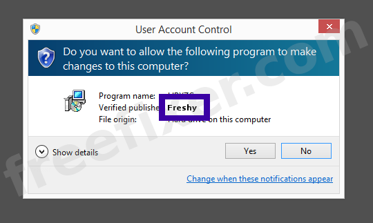 Screenshot where Freshy appears as the verified publisher in the UAC dialog