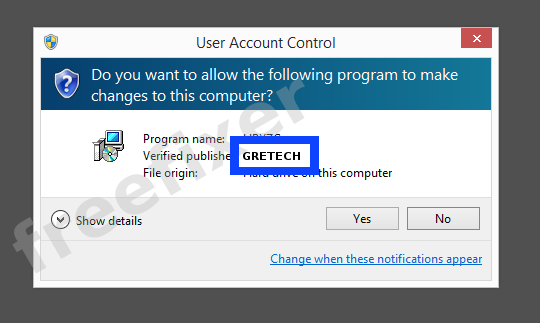 Screenshot where GRETECH appears as the verified publisher in the UAC dialog