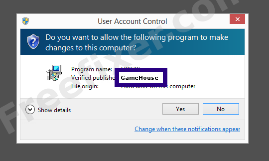 Screenshot where GameHouse appears as the verified publisher in the UAC dialog