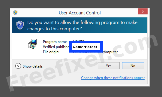 Screenshot where GamerForest appears as the verified publisher in the UAC dialog