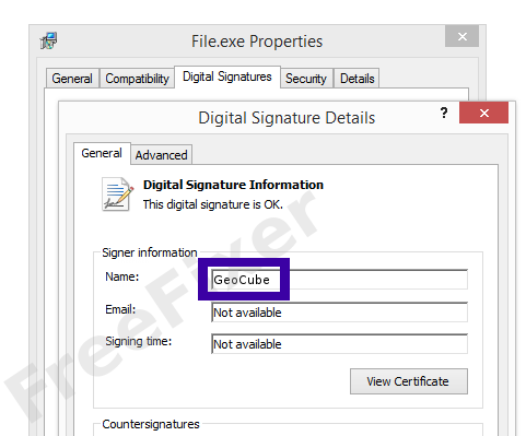 Screenshot of the GeoCube certificate