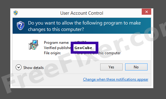 Screenshot where GeoCube appears as the verified publisher in the UAC dialog