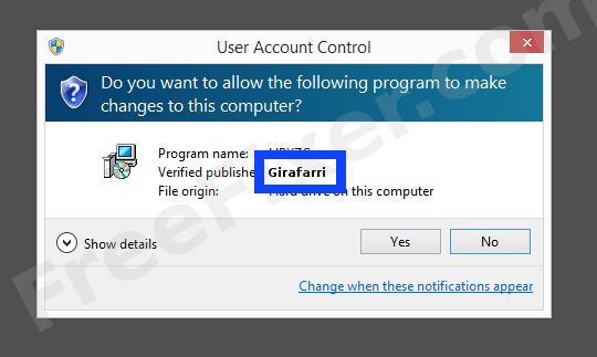 Screenshot where Girafarri appears as the verified publisher in the UAC dialog