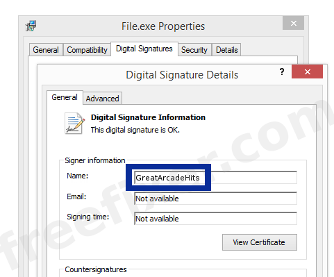 Screenshot of the GreatArcadeHits certificate