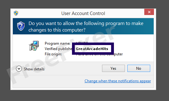 Screenshot where GreatArcadeHits appears as the verified publisher in the UAC dialog