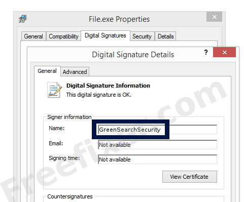 Screenshot of the GreenSearchSecurity certificate