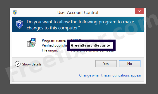 Screenshot where GreenSearchSecurity appears as the verified publisher in the UAC dialog