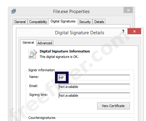 Screenshot of the HP certificate