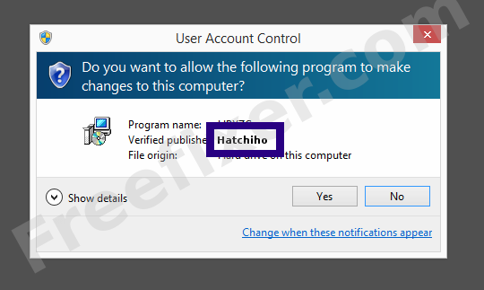 Screenshot where Hatchiho appears as the verified publisher in the UAC dialog