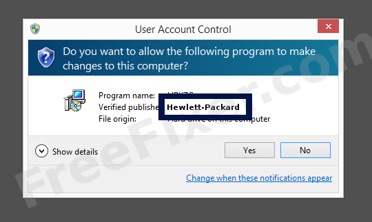 Screenshot where Hewlett-Packard appears as the verified publisher in the UAC dialog
