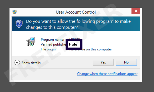 Screenshot where Hulu appears as the verified publisher in the UAC dialog