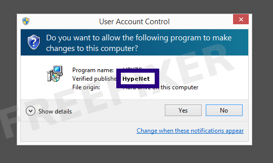 Screenshot where HypeNet appears as the verified publisher in the UAC dialog