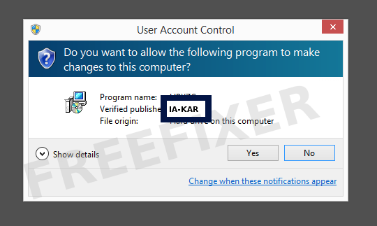 Screenshot where IA-KAR appears as the verified publisher in the UAC dialog