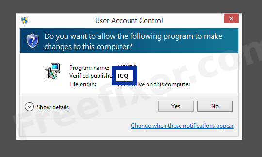 Screenshot where ICQ appears as the verified publisher in the UAC dialog