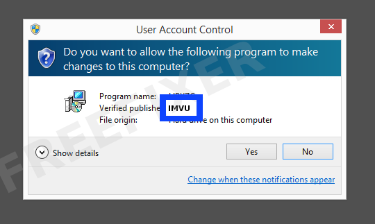 Screenshot where IMVU appears as the verified publisher in the UAC dialog