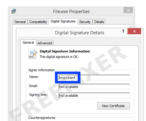 Screenshot of the Imposant certificate