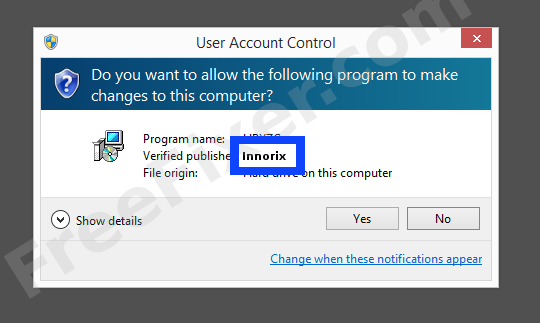 Screenshot where Innorix appears as the verified publisher in the UAC dialog