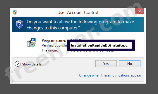 Screenshot where InstallationRapideEtGratuite.com appears as the verified publisher in the UAC dialog