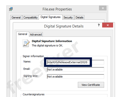 Screenshot of the IntelGfxReleaseExternal2020 certificate
