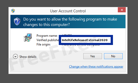 Screenshot where IntelGfxReleaseExternal2020 appears as the verified publisher in the UAC dialog