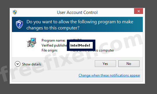Screenshot where IntelModel appears as the verified publisher in the UAC dialog