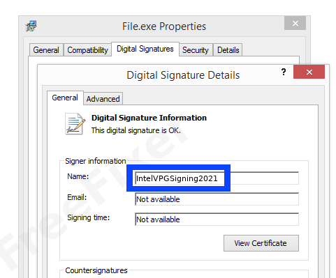 Screenshot of the IntelVPGSigning2021 certificate