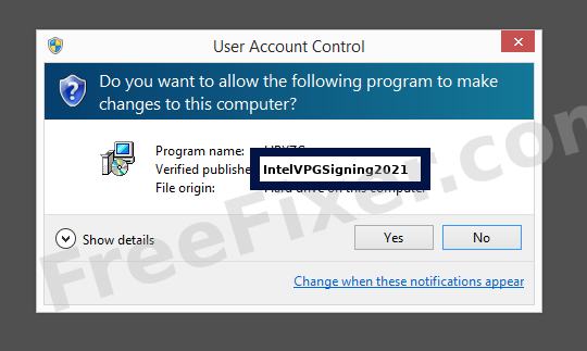 Screenshot where IntelVPGSigning2021 appears as the verified publisher in the UAC dialog