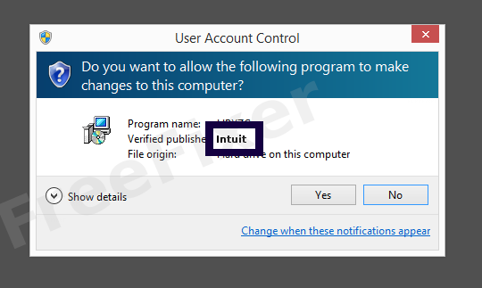 Screenshot where Intuit appears as the verified publisher in the UAC dialog