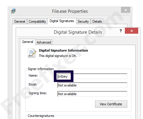 Screenshot of the Jotzey certificate