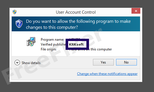 Screenshot where KRKsoft appears as the verified publisher in the UAC dialog