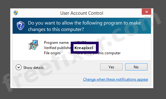 Screenshot where Kreapixel appears as the verified publisher in the UAC dialog