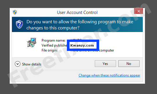 Screenshot where Kwanzy.com appears as the verified publisher in the UAC dialog