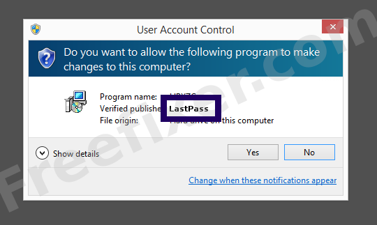 Screenshot where LastPass appears as the verified publisher in the UAC dialog
