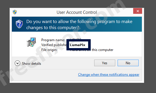Screenshot where LumaPix appears as the verified publisher in the UAC dialog