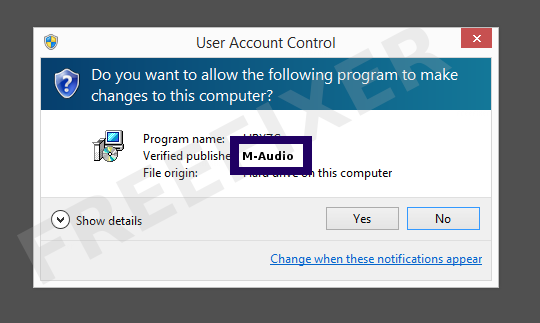 Screenshot where M-Audio appears as the verified publisher in the UAC dialog