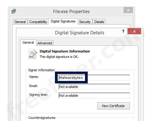 Screenshot of the Malwarebytes certificate