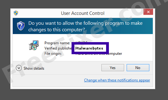 Screenshot where Malwarebytes appears as the verified publisher in the UAC dialog