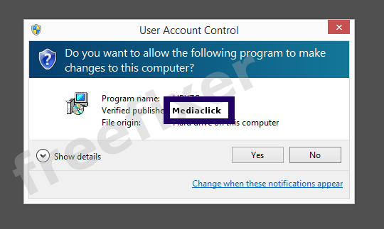 Screenshot where Mediaclick appears as the verified publisher in the UAC dialog