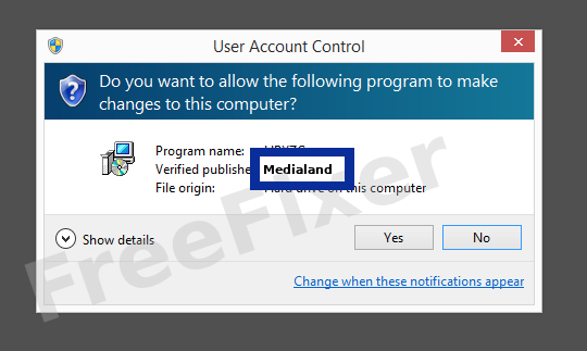 Screenshot where Medialand appears as the verified publisher in the UAC dialog