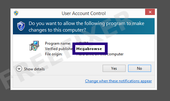 Screenshot where Megabrowse appears as the verified publisher in the UAC dialog