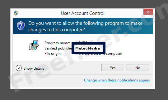 Screenshot where MeteoMedia appears as the verified publisher in the UAC dialog