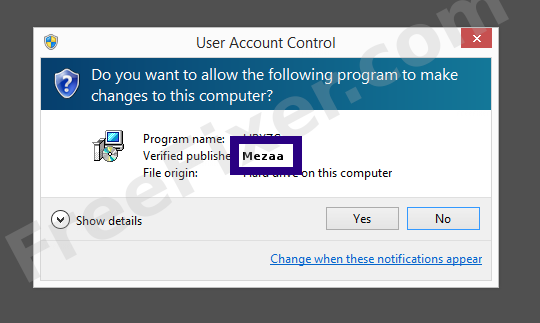 Screenshot where Mezaa appears as the verified publisher in the UAC dialog