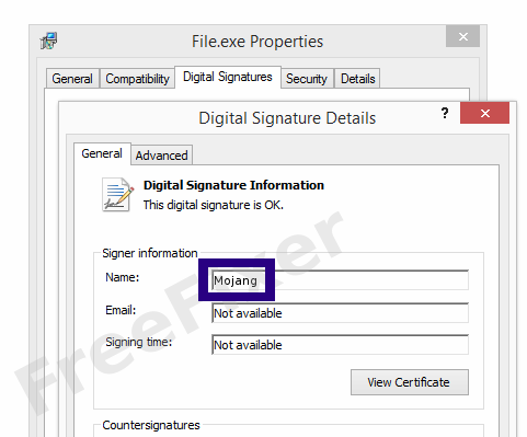 Screenshot of the Mojang certificate