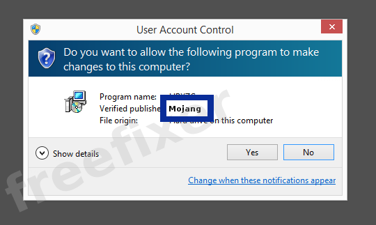 Screenshot where Mojang appears as the verified publisher in the UAC dialog